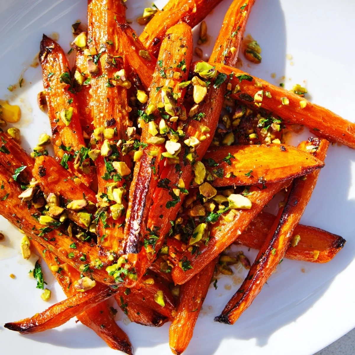 Roasted carrots with honey and pistachios glistening on a white platter, ready to serve as a warm side dish.