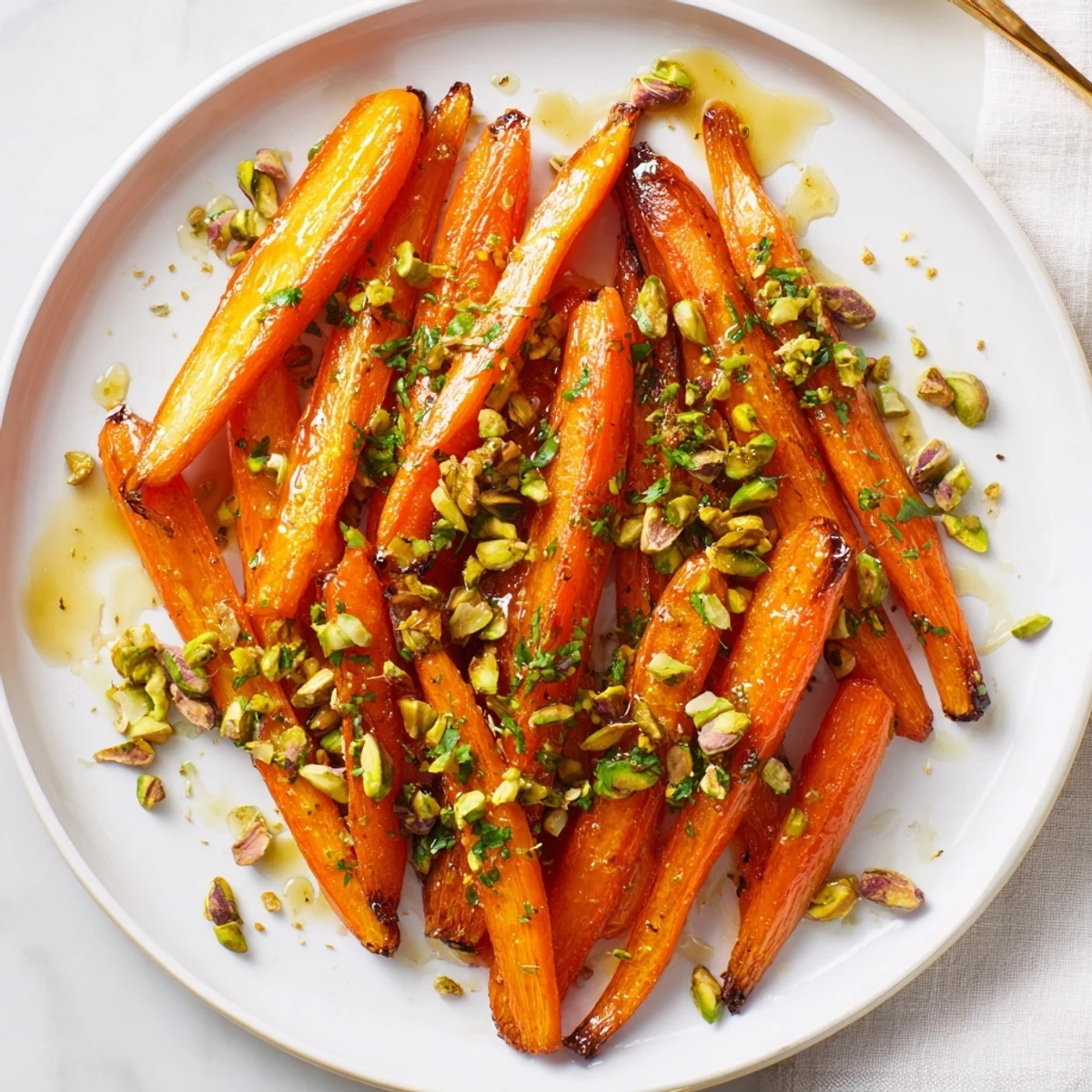 Freshly roasted carrots with honey and pistachios, caramelized edges adding sweet crunch to a modern European side.