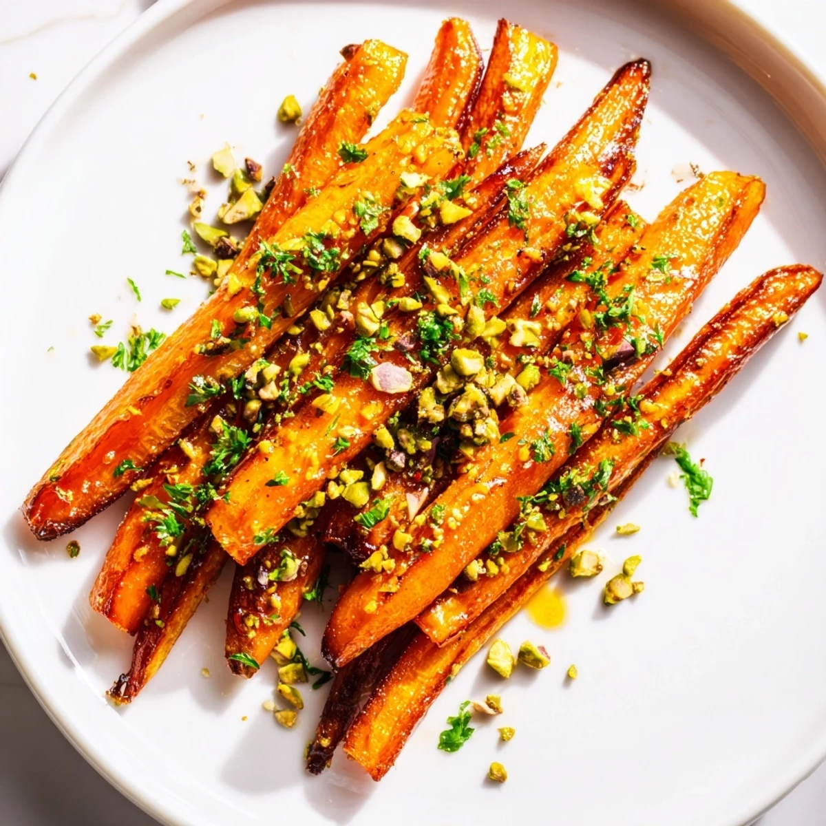 Golden roasted carrots with honey and pistachios garnished with parsley, perfect alongside a main course for dinner.