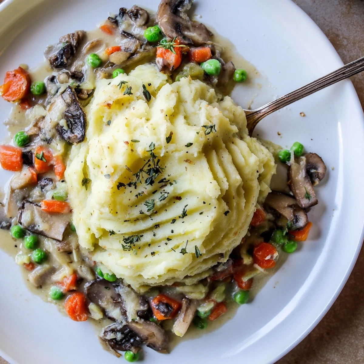 Rustic Creamy Mushroom and Leek Shepherds Pie in a baking dish, featuring golden mashed potatoes and a savory vegetable filling.