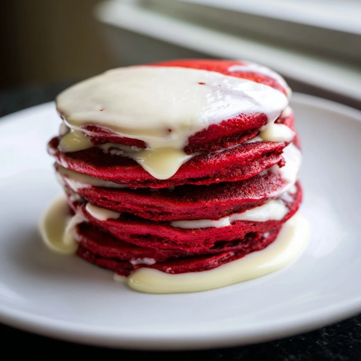 Bright crimson pancakes drizzled with tangy cream cheese glaze on a rustic breakfast plate.