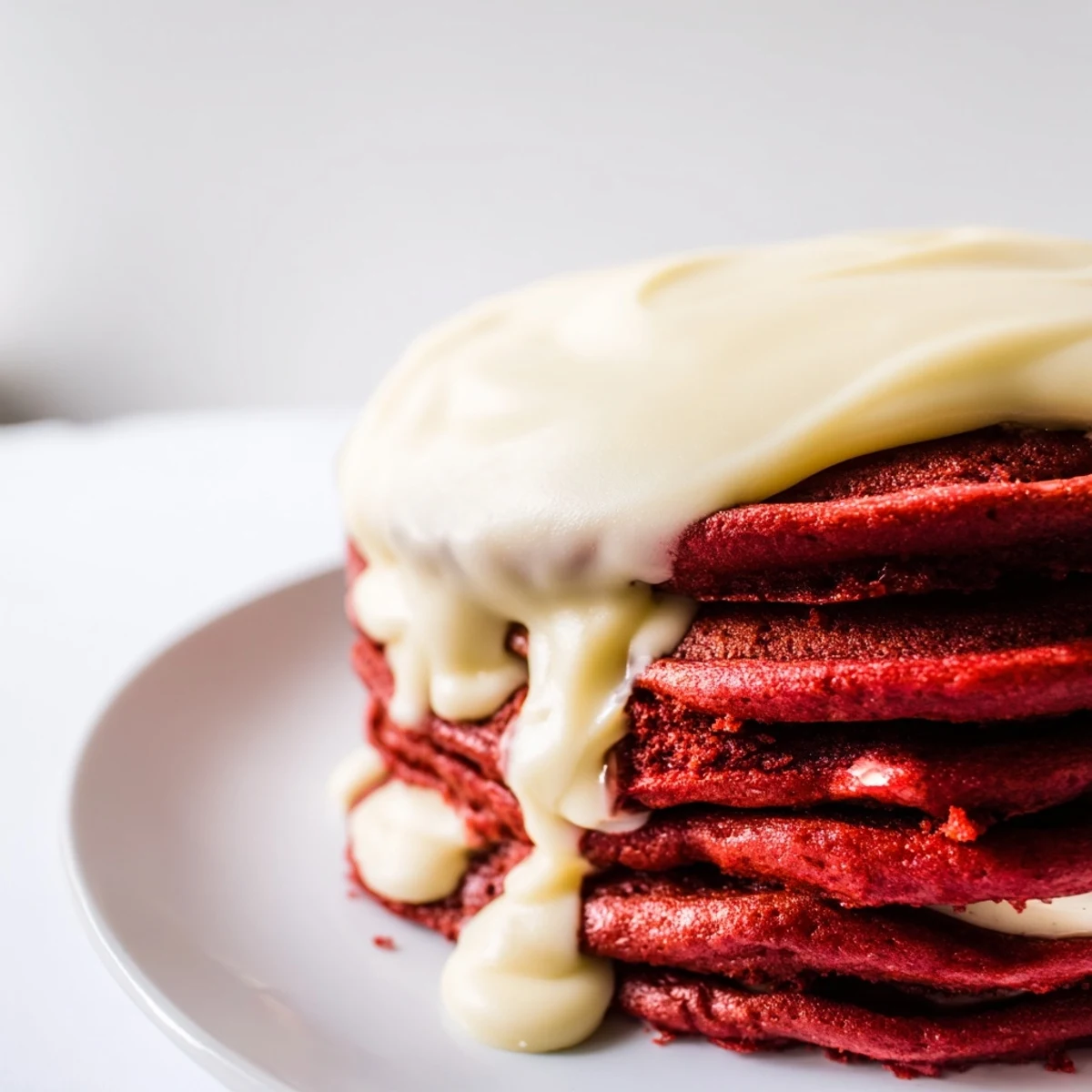 Decadent red velvet pancakes with cream cheese glaze, paired with fresh berries for a vibrant morning treat.