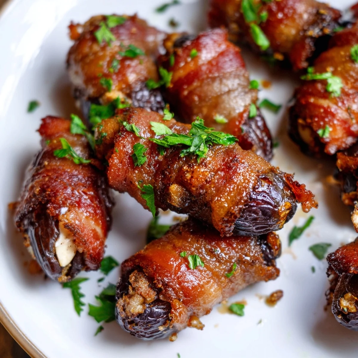 Close-up of Air Fryer Crispy Beef Bacon Wrapped Dates showing crispy beef bacon wrapping around sweet stuffed Medjool dates.