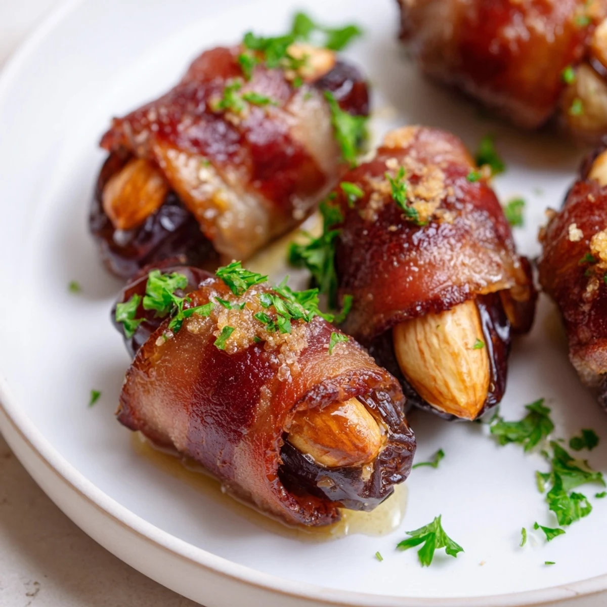 Golden Air Fryer Crispy Beef Bacon Wrapped Dates garnished with fresh parsley and a honey drizzle, served warm on a platter.