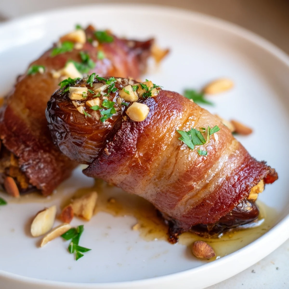 Appetizer plate of Air Fryer Crispy Beef Bacon Wrapped Dates paired with sparkling wine for a savory-sweet bite.