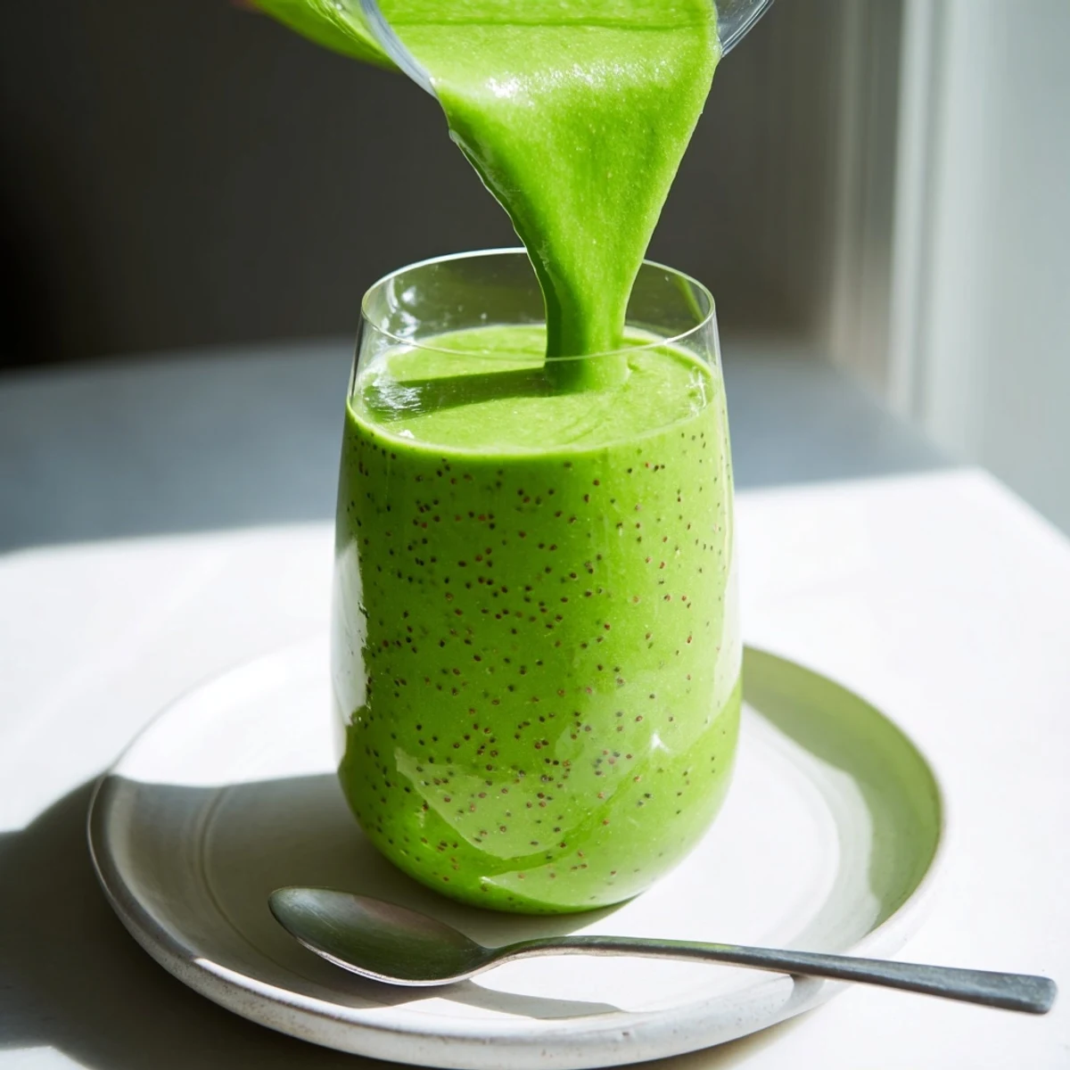 A tall glass of Detox Green Smoothie with Spinach and Ginger shows creamy green texture and fruit specks next to sliced fresh ginger.
