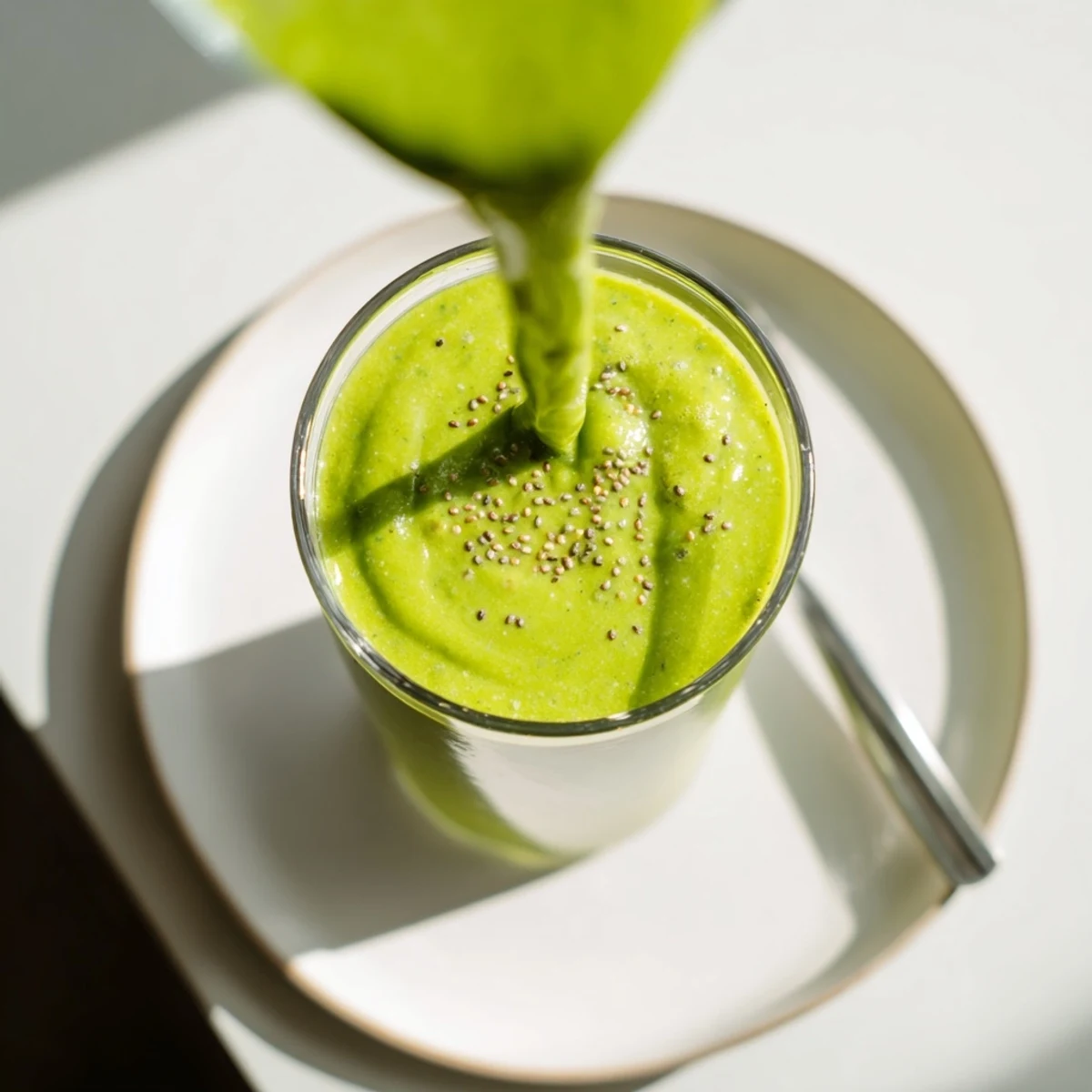 Vibrant green Detox Green Smoothie with Spinach and Ginger is poured into a clear glass with a sliced lime garnish for brightness.