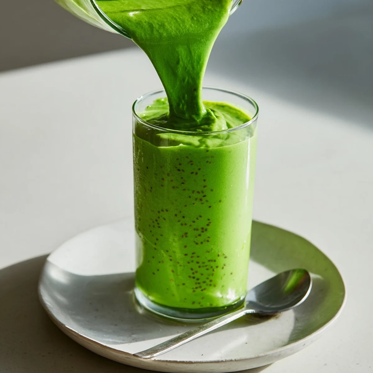 Overhead view of Detox Green Smoothie with Spinach and Ginger in a blender jar, showing smooth consistency and tropical fruit bits.