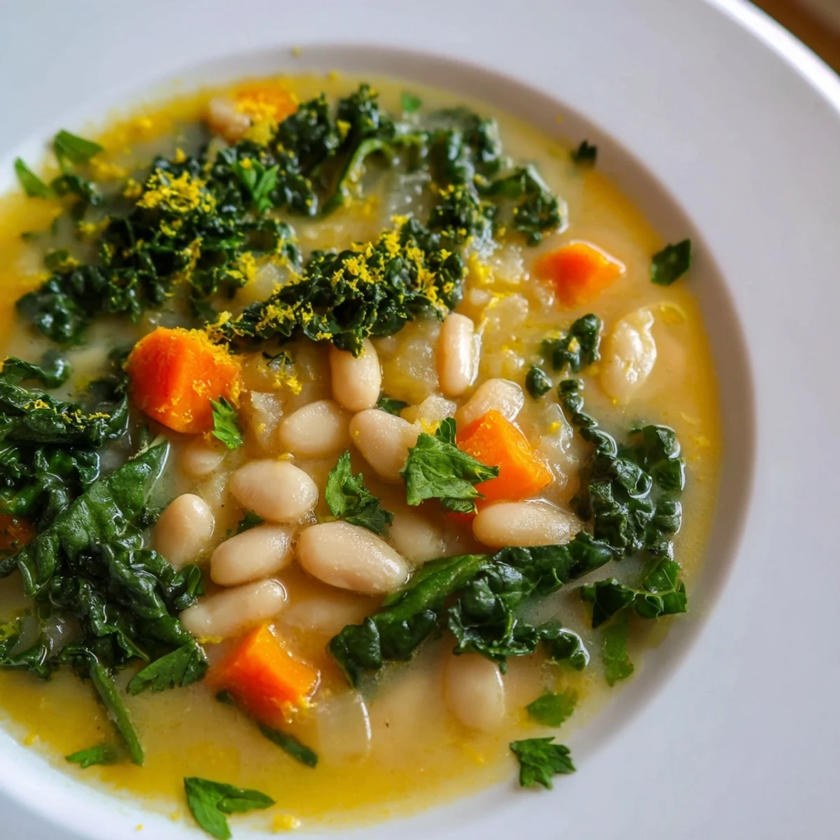 White Bean and Kale Soup with Lemon Zest served in a rustic bowl, ready to eat with a squeeze of fresh lemon.