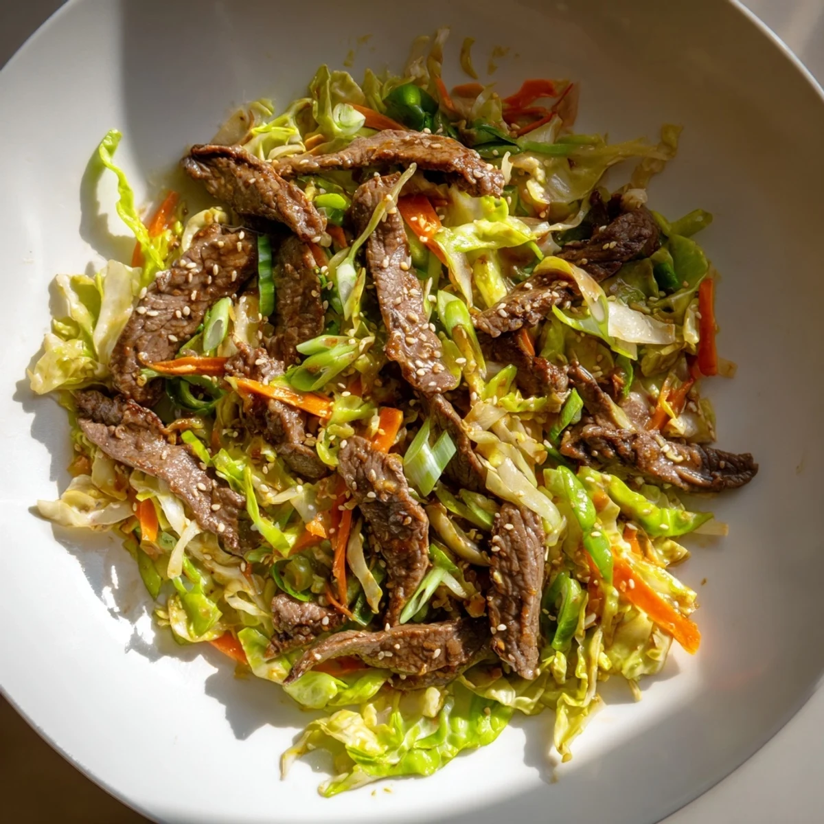 Hot Keto Friendly Beef and Cabbage Stir Fry sizzles in a skillet, packed with crisp cabbage and tender beef strips.