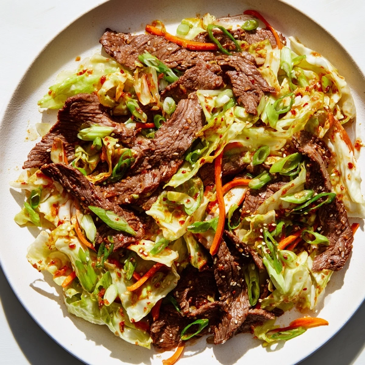 Healthy Keto Friendly Beef and Cabbage Stir Fry meal plated beside a fork, highlighting the vibrant colors and low-carb ingredients.