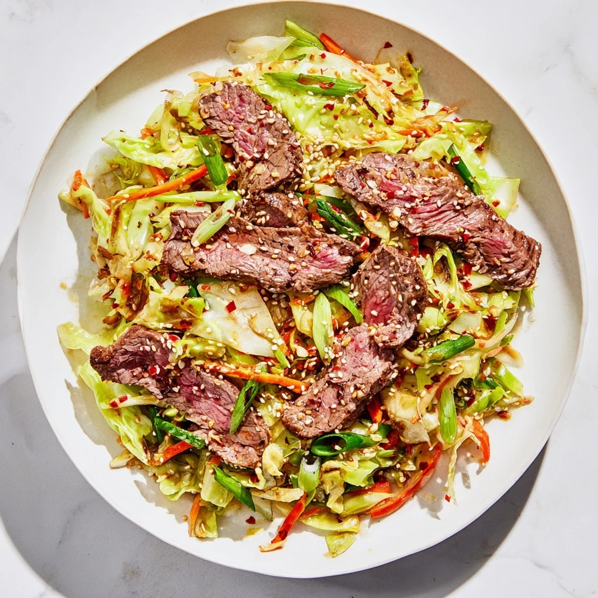 A close-up of Keto Friendly Beef and Cabbage Stir Fry served in a bowl, garnished with fresh green onions and sesame seeds.