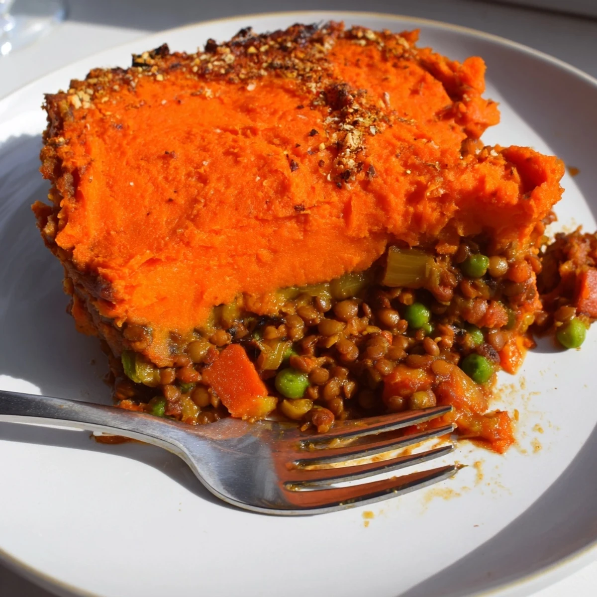 Steam rises from the savory lentil and vegetable filling in this comforting Vegan Lentil and Sweet Potato Shepherds Pie slice.