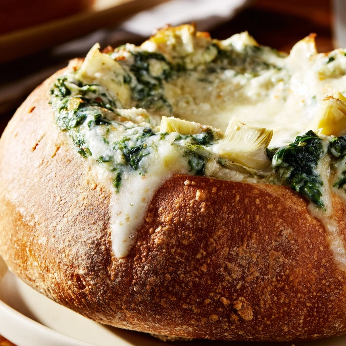 Golden baked creamy spinach and artichoke dip inside a hollowed sourdough bread bowl, perfect for a party appetizer.