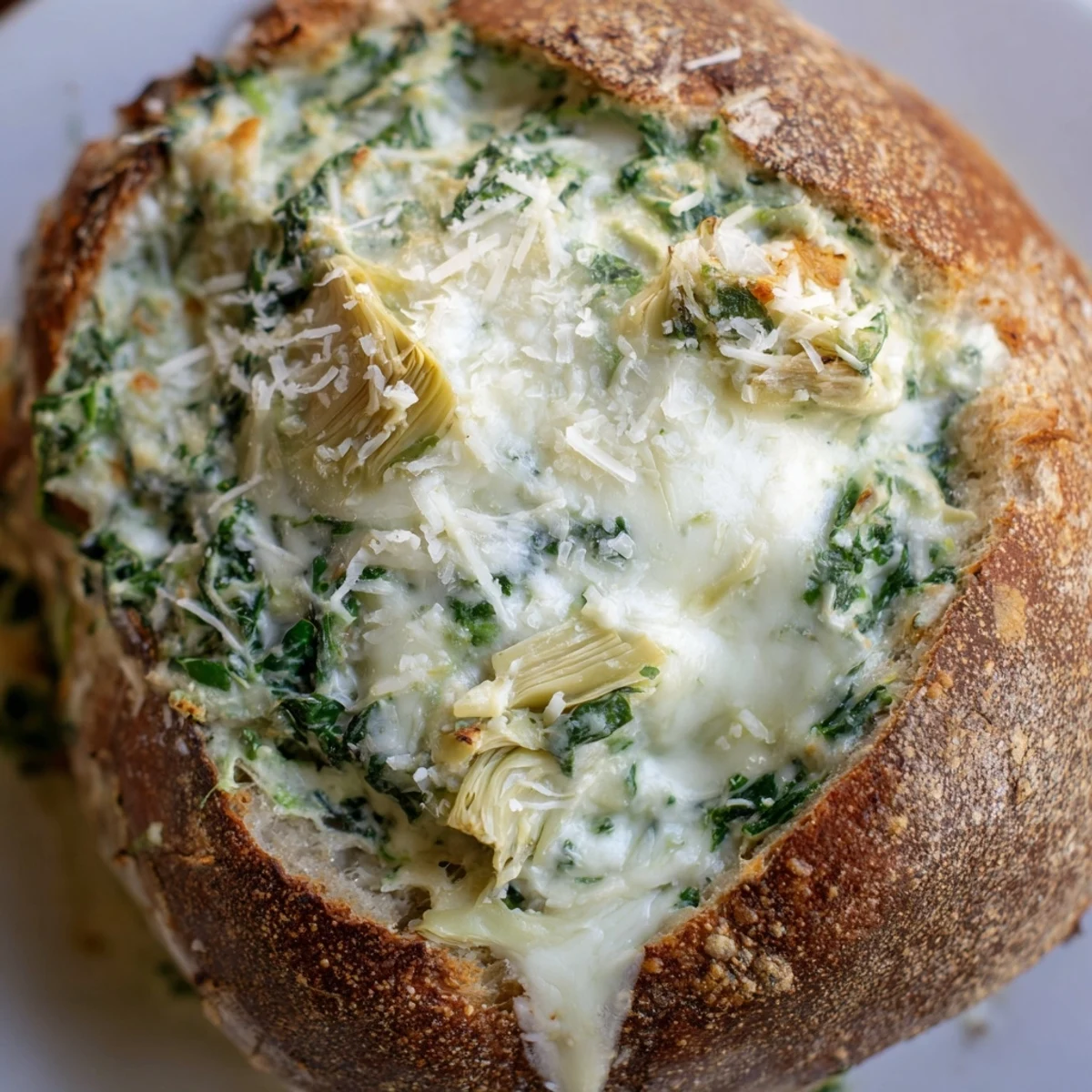 A close-up of warm spinach and artichoke dip in a crusty bread bowl, with melted mozzarella and Parmesan.