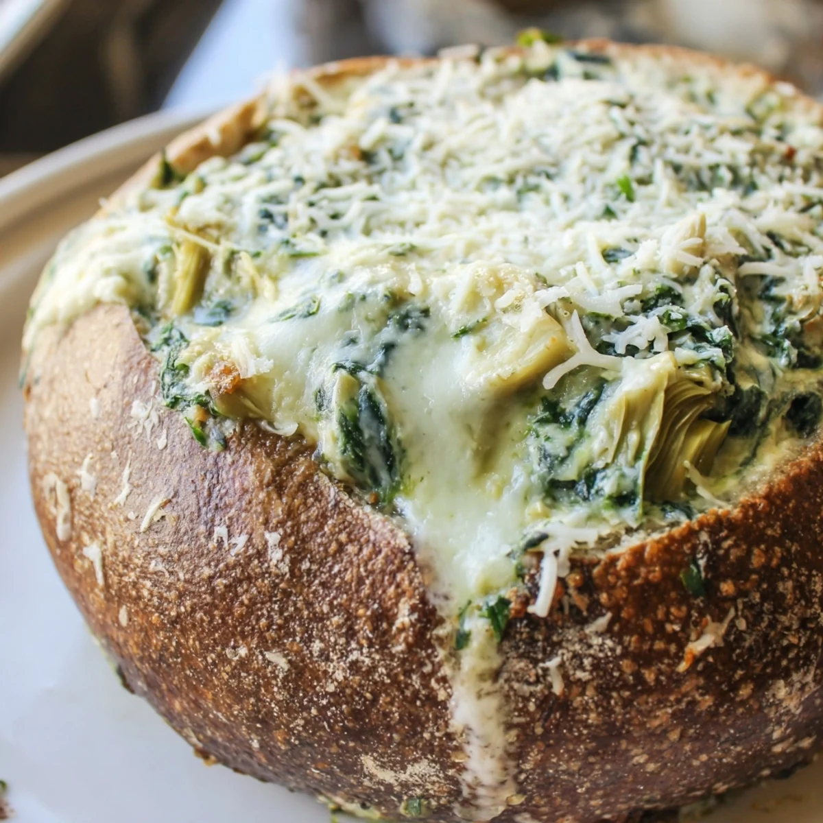 Serving creamy spinach and artichoke dip from a bread bowl, with toasted bread pieces for dipping on the side.