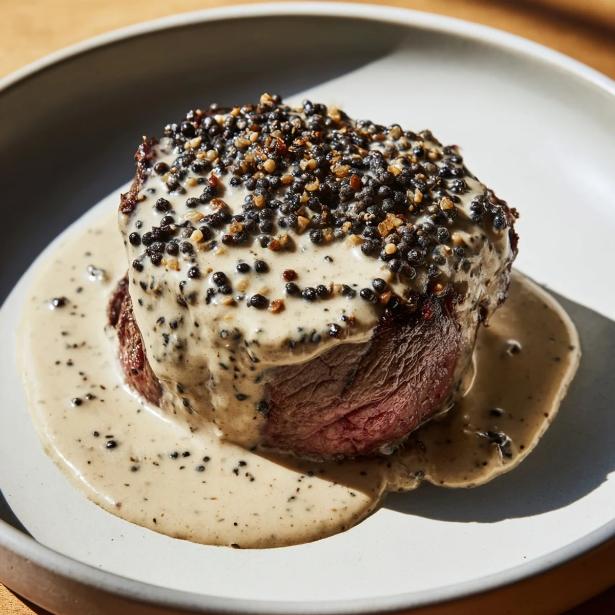 Golden seared Beef Tenderloin with Peppercorn Cream Sauce beside roasted potatoes and green beans.