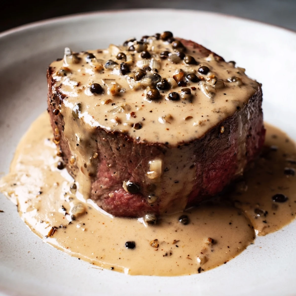 Beef Tenderloin with Peppercorn Cream Sauce plated elegantly with rich, velvety sauce and fresh herbs.