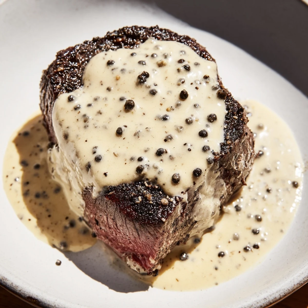 Juicy Beef Tenderloin with Peppercorn Cream Sauce topped with a savory, peppery cream drizzle.