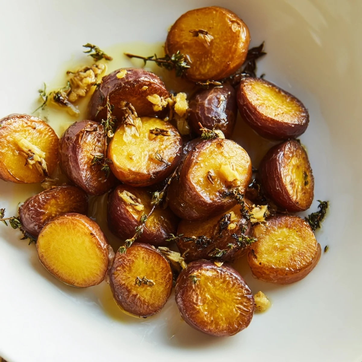 Golden roasted radishes with garlic and fresh thyme, caramelized edges visible on a baking sheet.