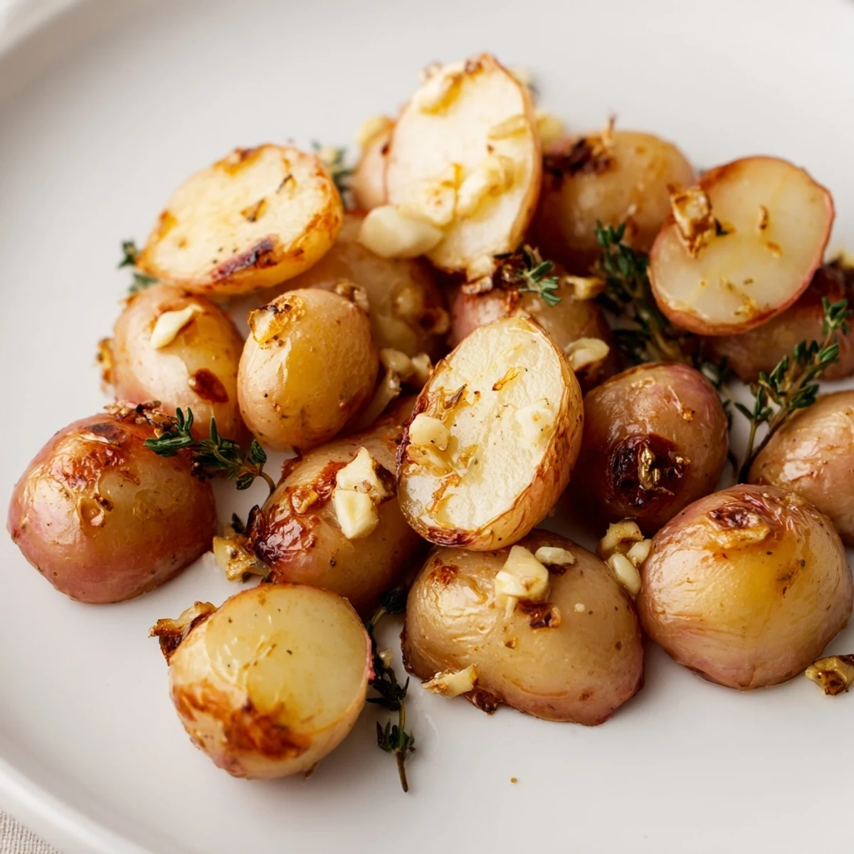 Roasted Radishes with Garlic and Thyme plated beside roasted chicken for a rustic dinner.