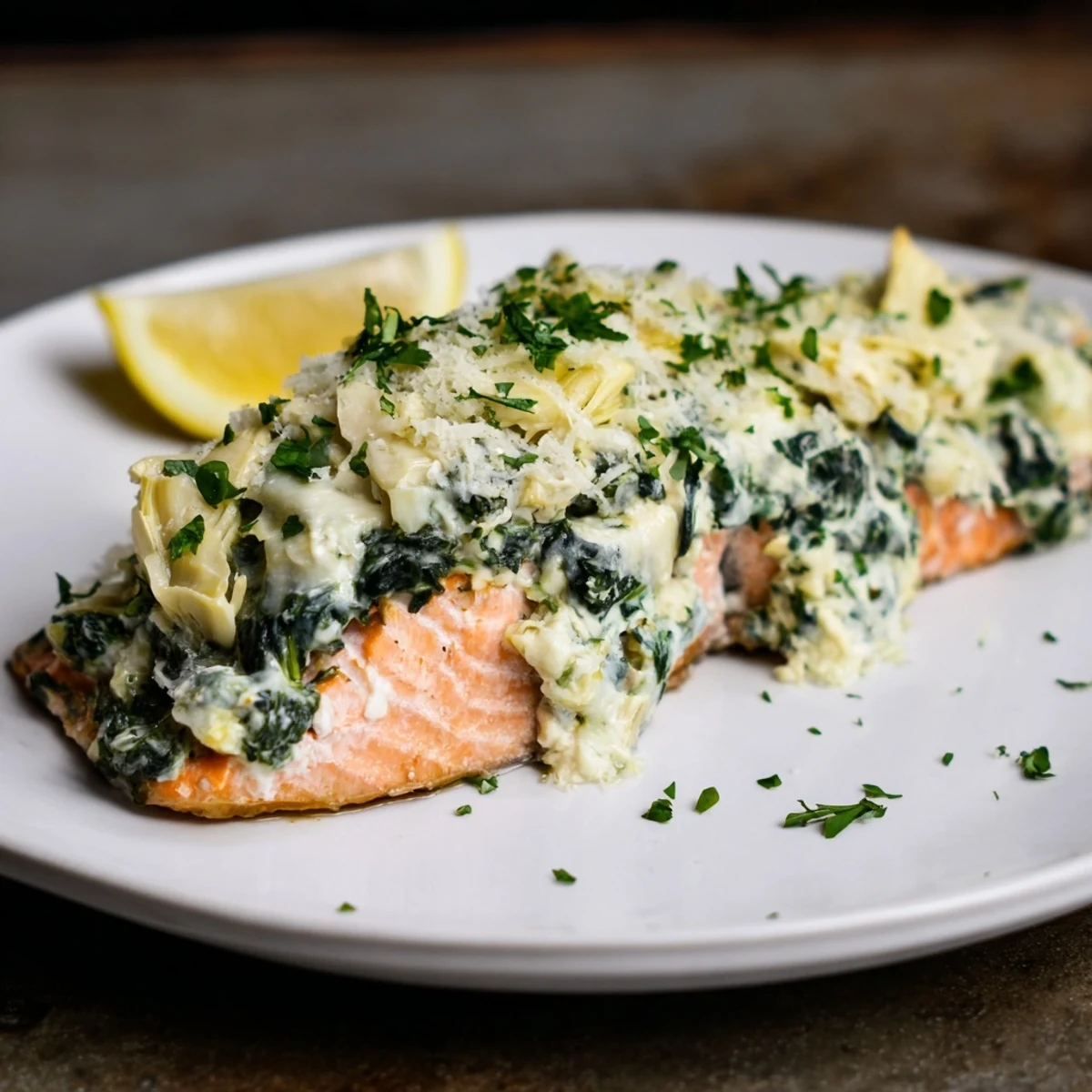 Creamy Spinach and Artichoke Stuffed Salmon fillets with melted cheese and chopped parsley garnish on a baking sheet.