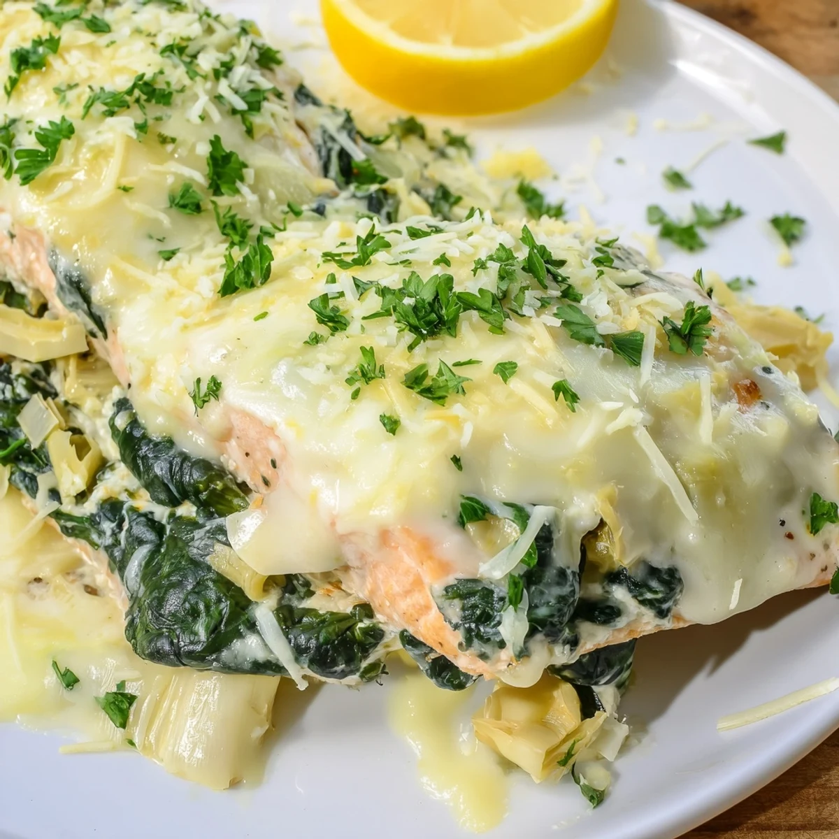 Perfectly cooked Creamy Spinach and Artichoke Stuffed Salmon on a white plate, revealing the creamy spinach filling.