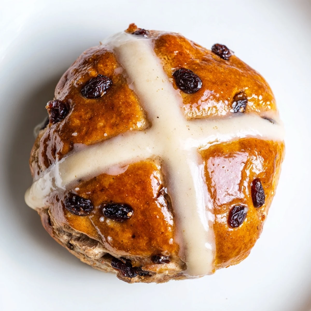 Glazed Hot Cross Buns with Currants and Spices arranged in a basket, ready for Easter brunch.