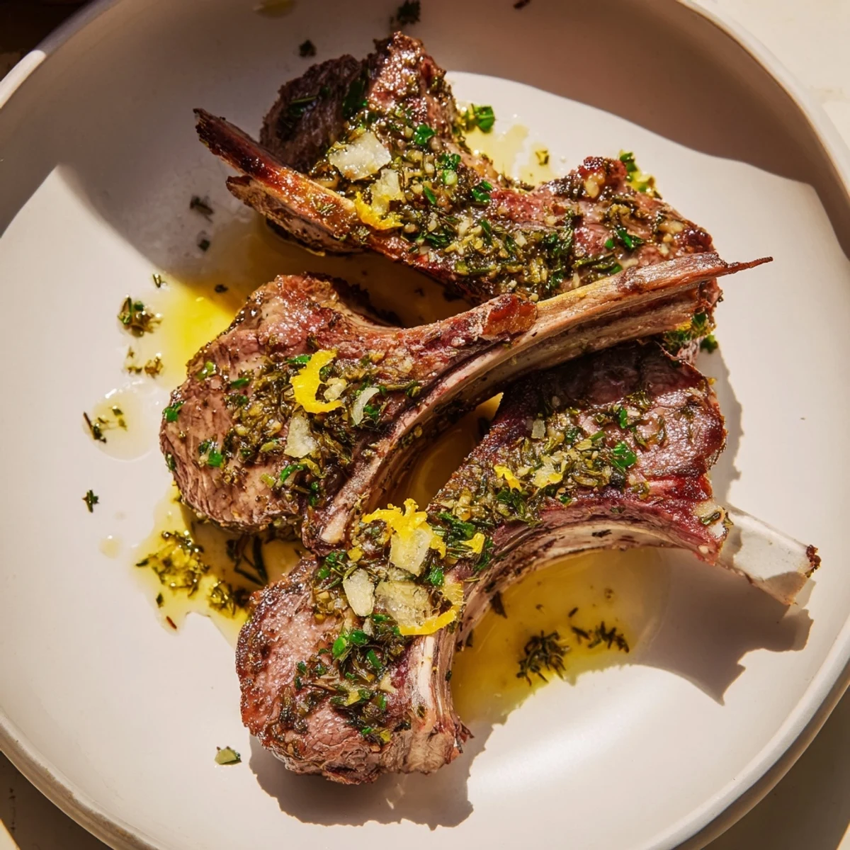 Golden Air Fryer Lamb Chops with Lemon Butter are garnished with parsley and lemon zest on a rustic plate.