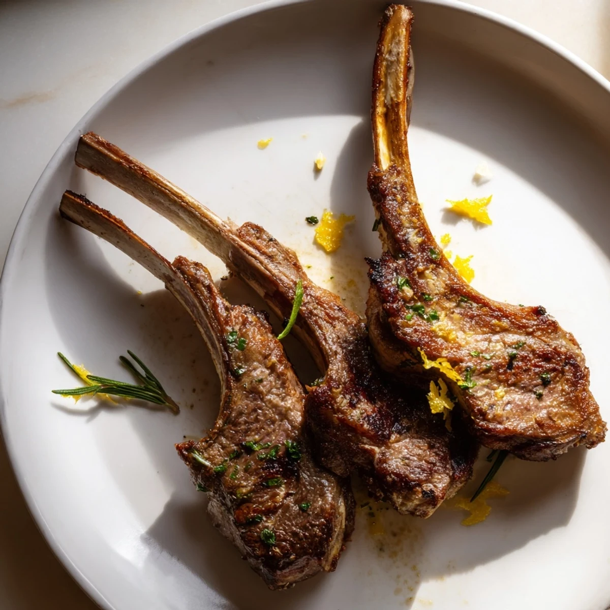 A close view of Air Fryer Lamb Chops with Lemon Butter, the butter melting over herb-crusted, juicy lamb.