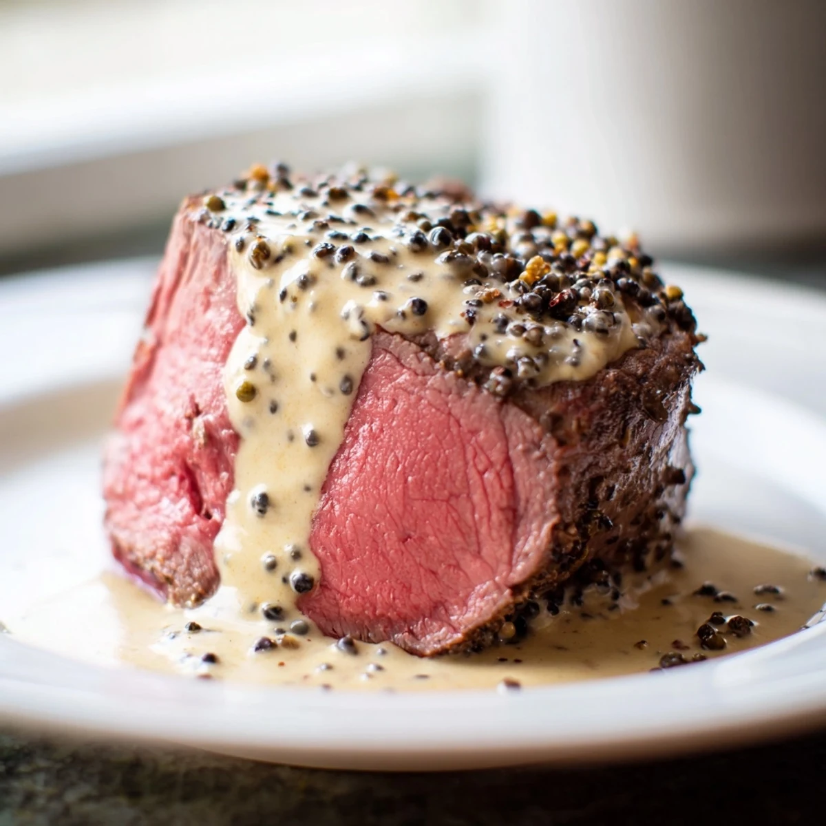 Golden seared beef tenderloin steaks glistening under a creamy peppercorn sauce garnished with fresh herbs.