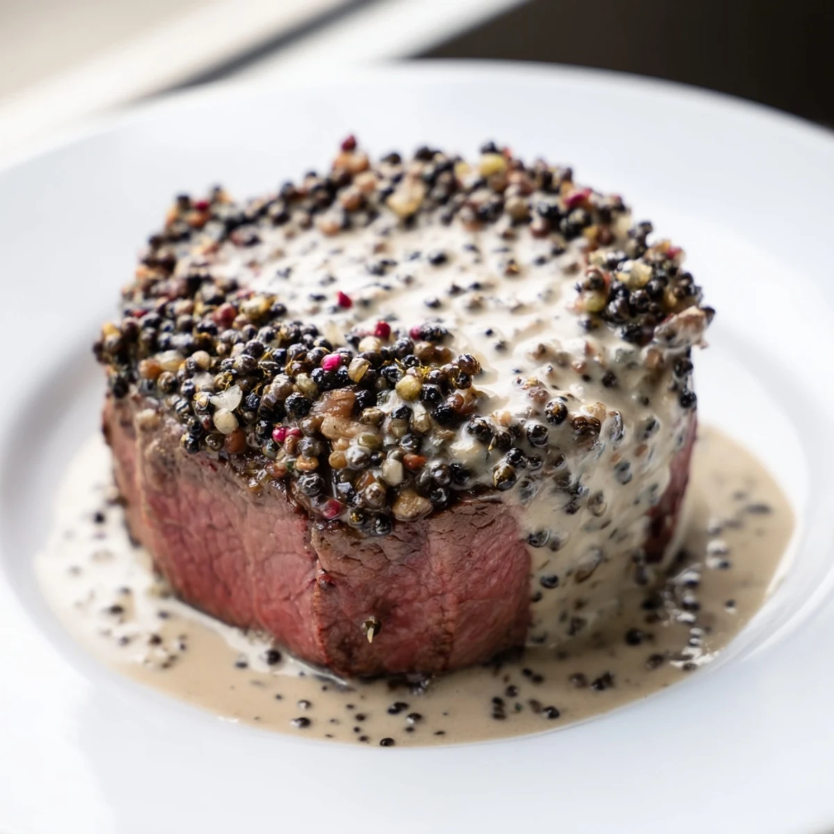 Slice of juicy beef tenderloin steak revealing a pink center, topped with peppercorn sauce in a skillet.
