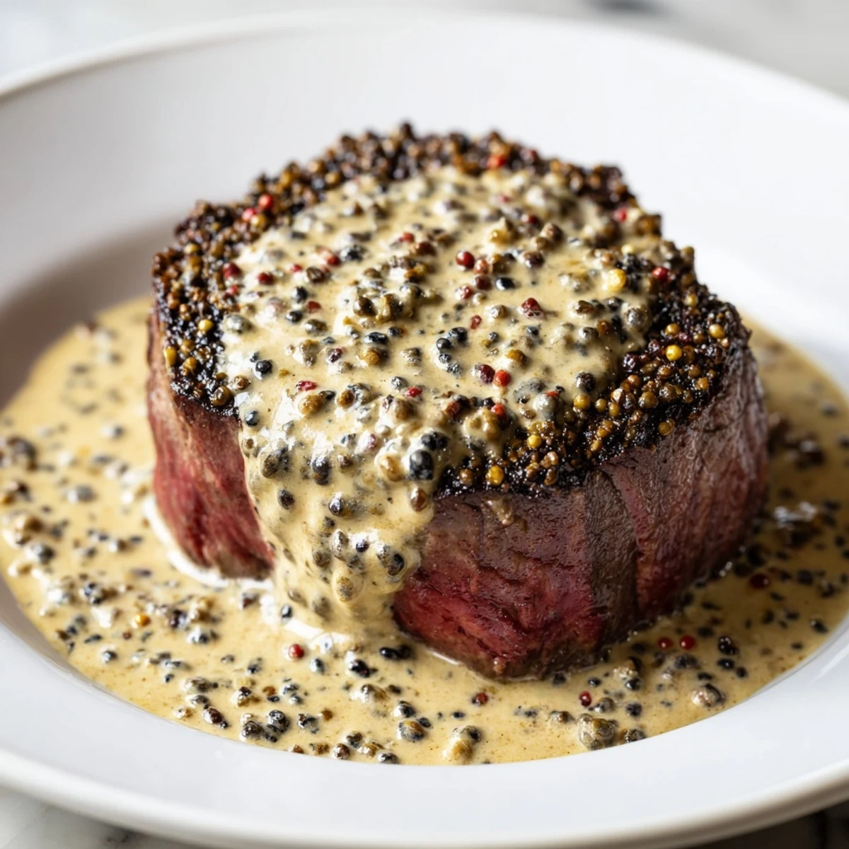 Plated beef tenderloin steaks with rich peppercorn sauce next to roasted potatoes and green beans.