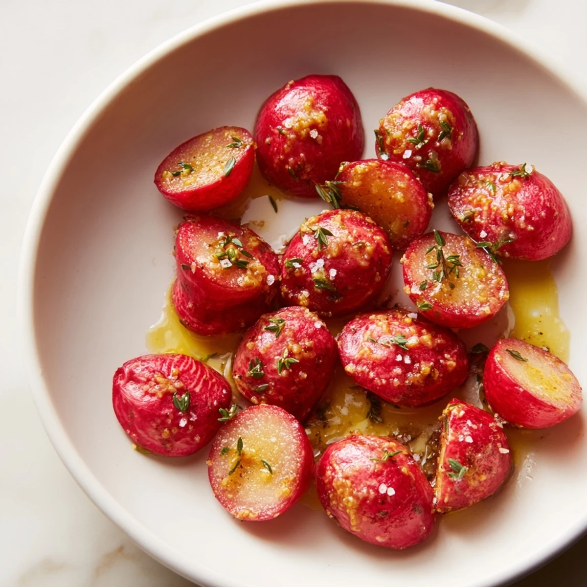 Roasted Radishes with Garlic Butter and Thyme shine as golden tender vegetables on a white plate for a spring side dish.