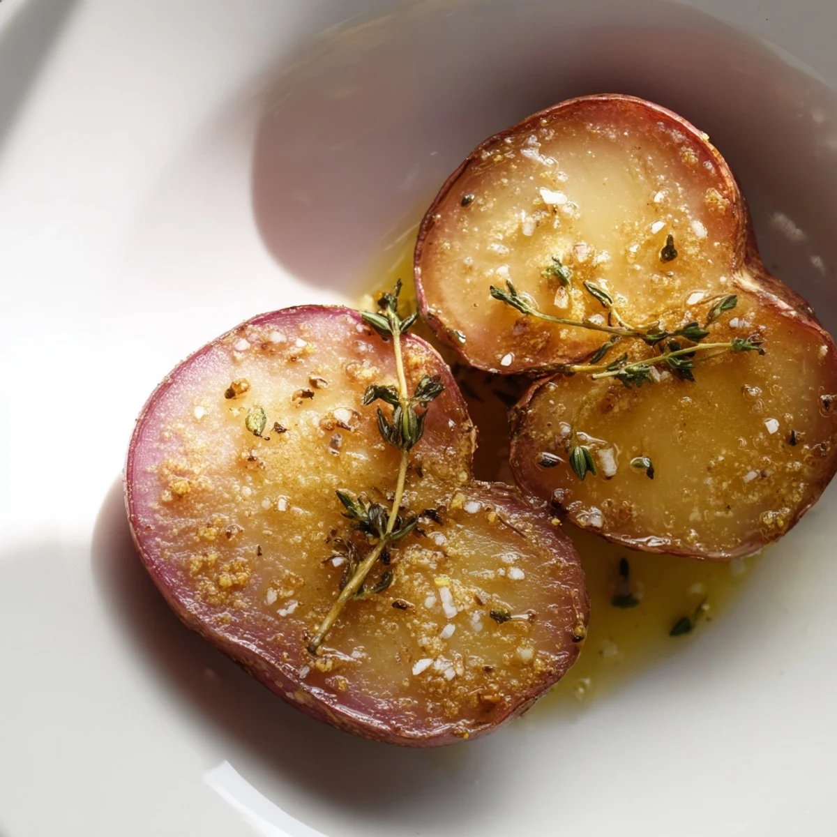 Savory Roasted Radishes with Garlic Butter and Thyme tossed in glossy butter, perfect beside roasted chicken or grilled fish at a family table.