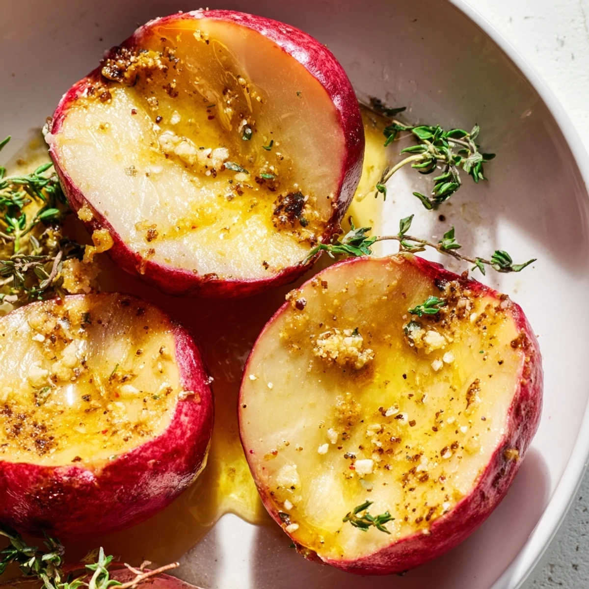 Warm Roasted Radishes with Garlic Butter and Thyme steaming in a rustic bowl, garnished with fresh thyme sprigs near dinner plates.