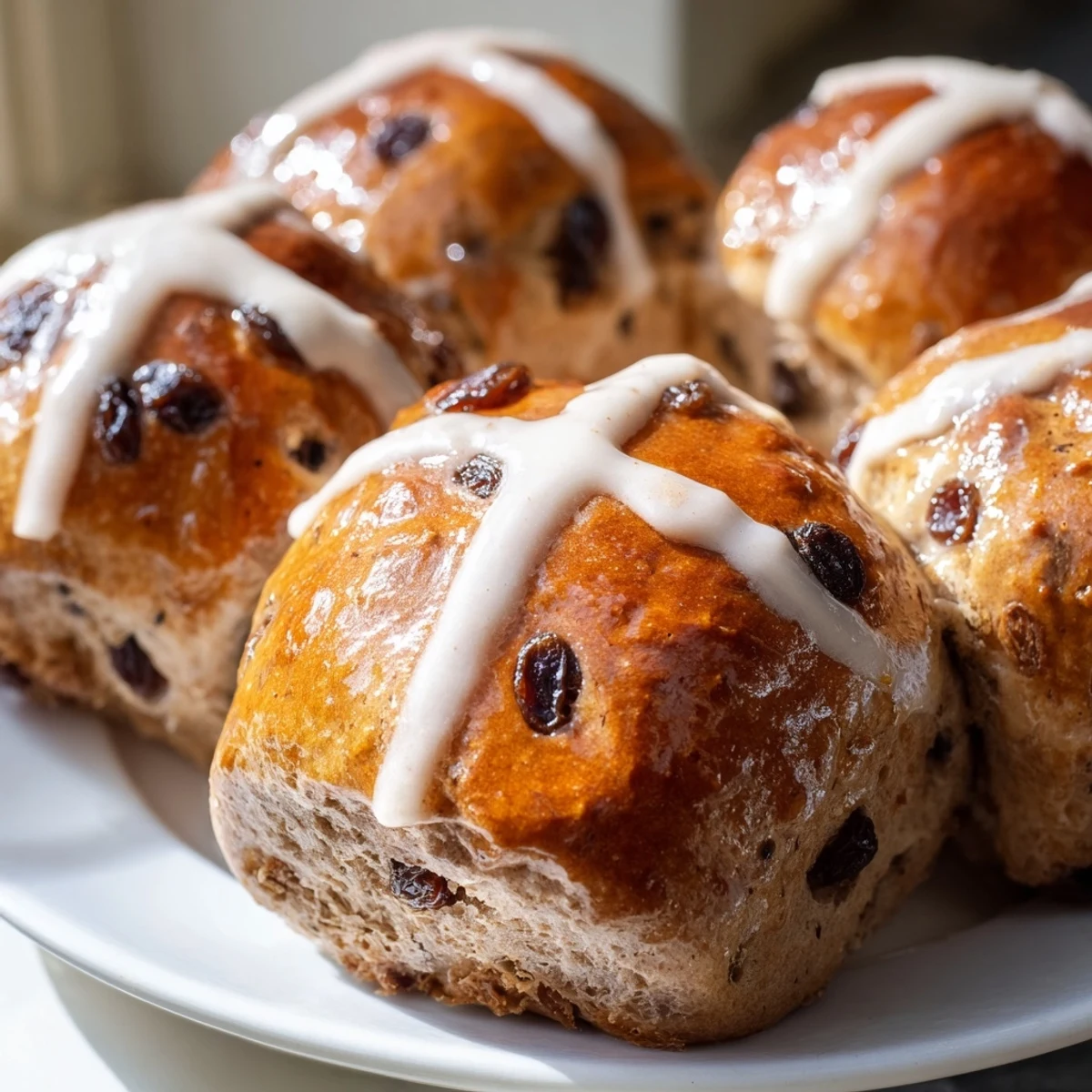 Warm spiced Hot Cross Buns with raisins are brushed with orange glaze on a wooden board.