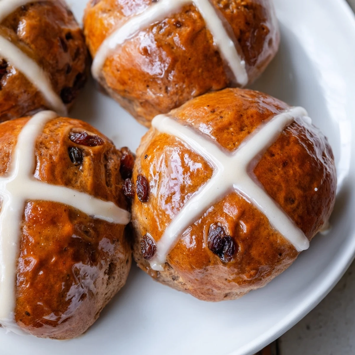 Golden brown Hot Cross Buns with raisins are drizzled with sweet orange glaze for breakfast.