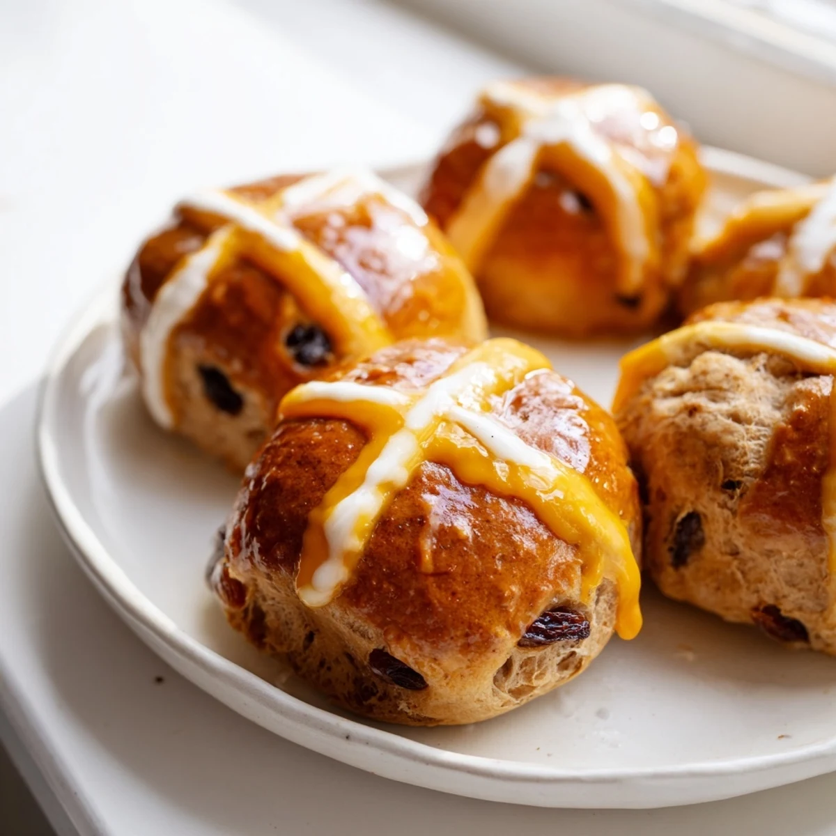Freshly baked Hot Cross Buns with raisins and orange glaze are served on a rustic plate.
