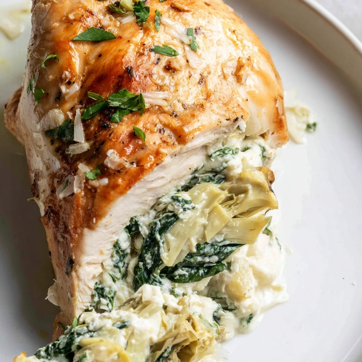 Golden-baked creamy spinach and artichoke stuffed chicken breast rests on a white plate, garnished with fresh parsley.