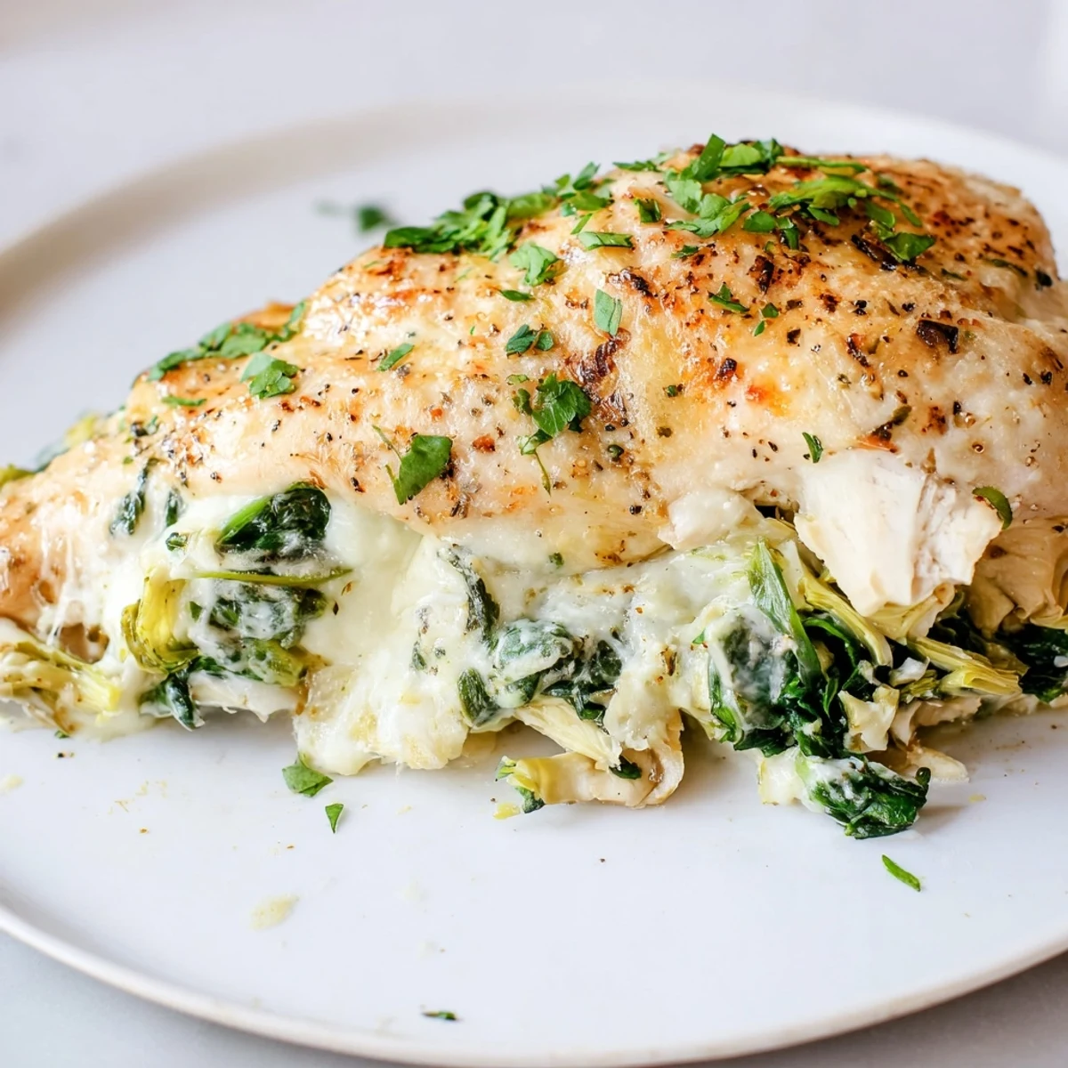 Creamy spinach and artichoke stuffed chicken breast is sliced open to reveal a rich, cheesy filling with steam rising.