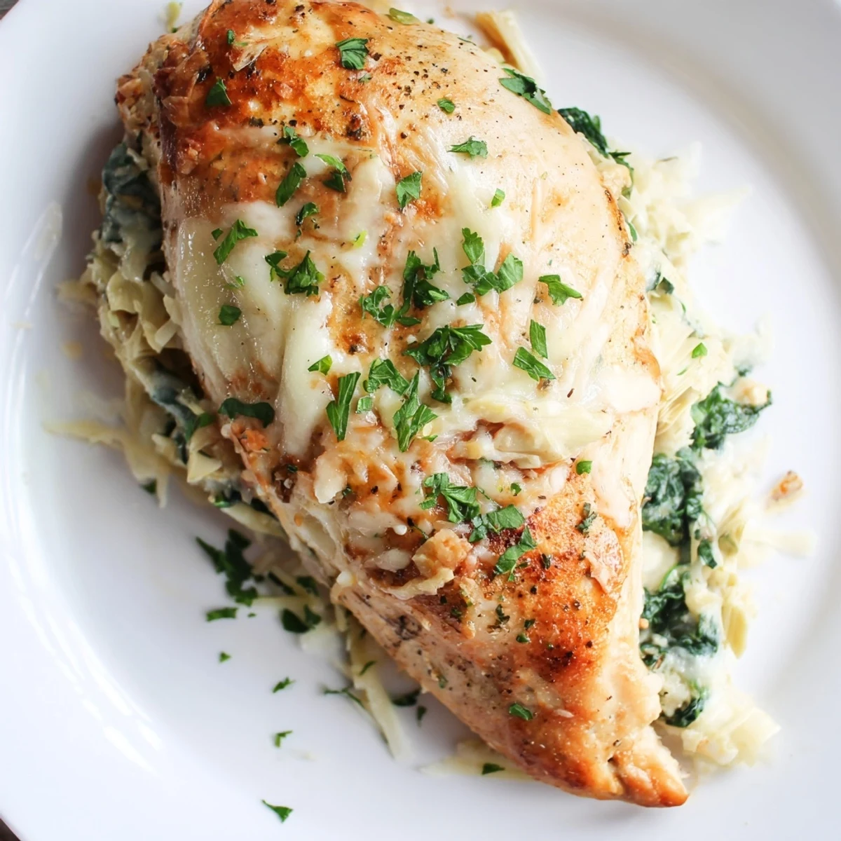 Juicy Creamy Spinach and Artichoke Stuffed Chicken Breast served alongside roasted asparagus, highlighting a gluten-free American dinner.