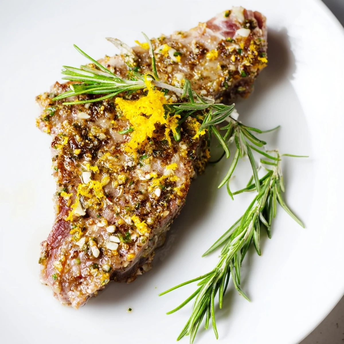 Close-up of the Air Fryer Lamb Chops with Rosemary and Garlic, highlighting a tender interior and aromatic rosemary garnish.