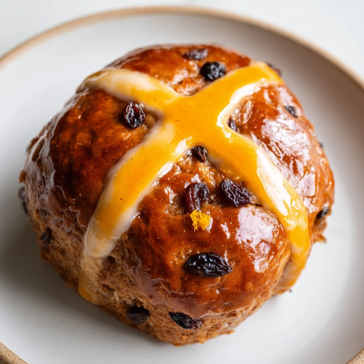 Golden-brown Hot Cross Buns with Raisins and Orange Glaze are arranged on a rustic wooden board.  