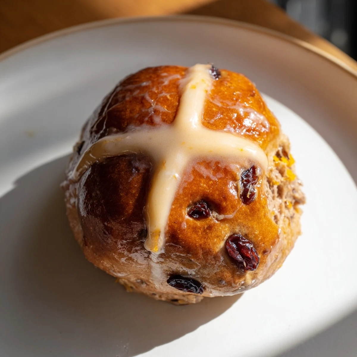 A close-up of Hot Cross Buns with Raisins and Orange Glaze showing soft, spiced crumb texture.