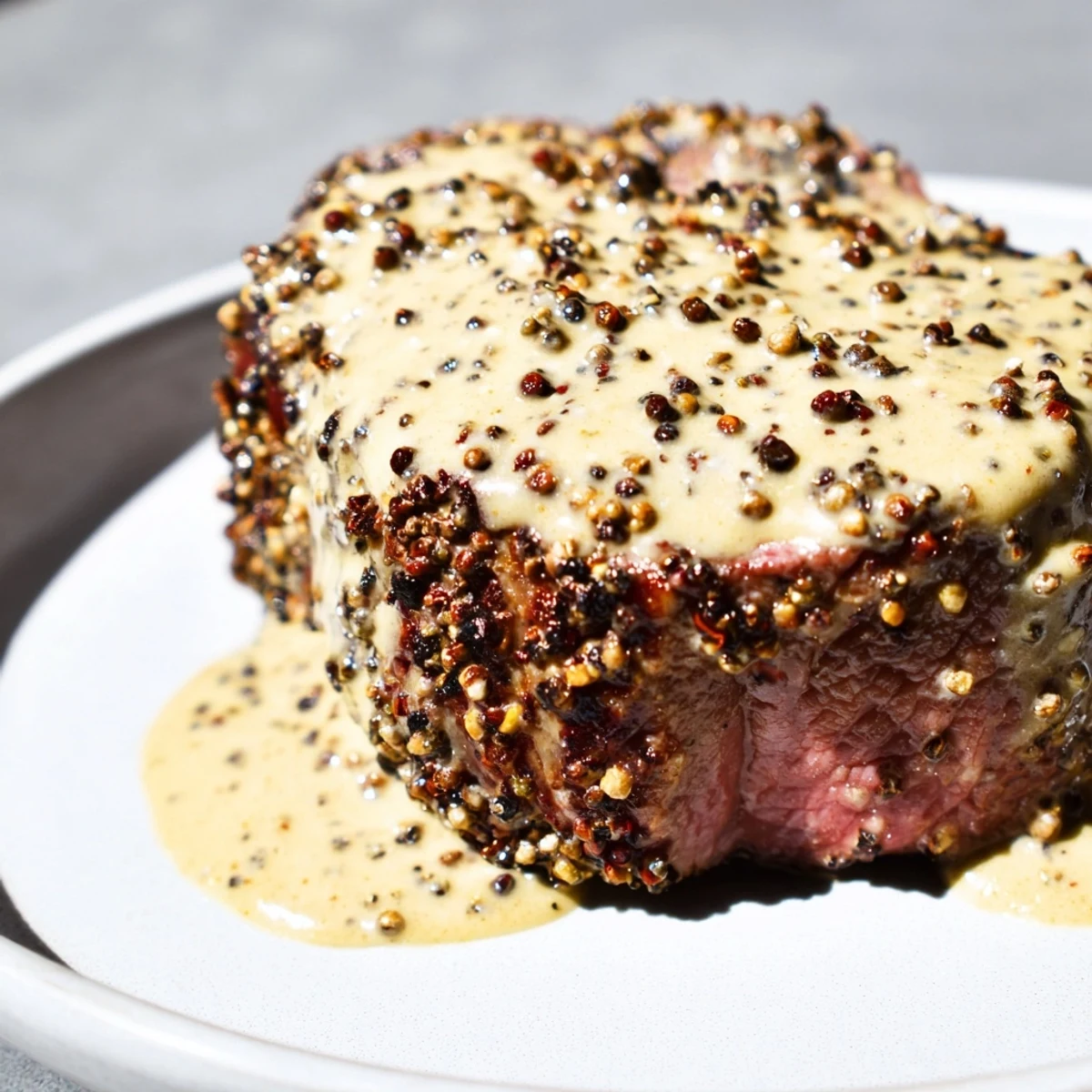Golden-brown, pan-seared beef tenderloin steaks resting under a glossy peppercorn sauce, shown alongside roasted potatoes and fresh herbs.