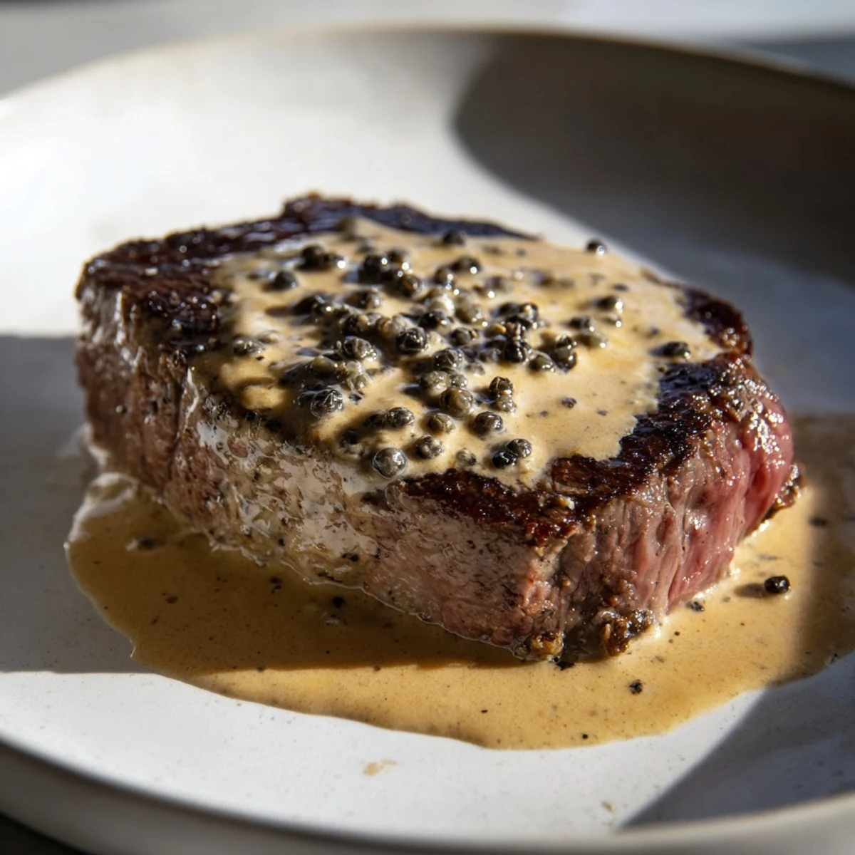 Beef Tenderloin Steaks with Peppercorn Sauce plated on a rustic wooden board, garnished with crushed peppercorns and a sprig of thyme.