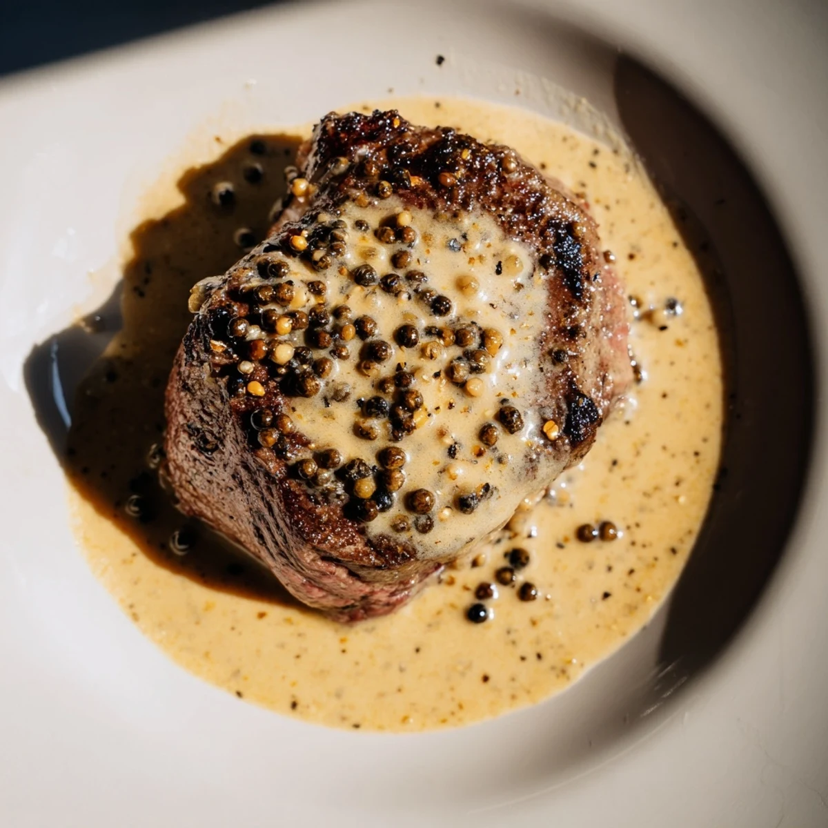 Two perfectly seared Beef Tenderloin Steaks with Peppercorn Sauce served with green beans, glistening sauce pooling on the plate.