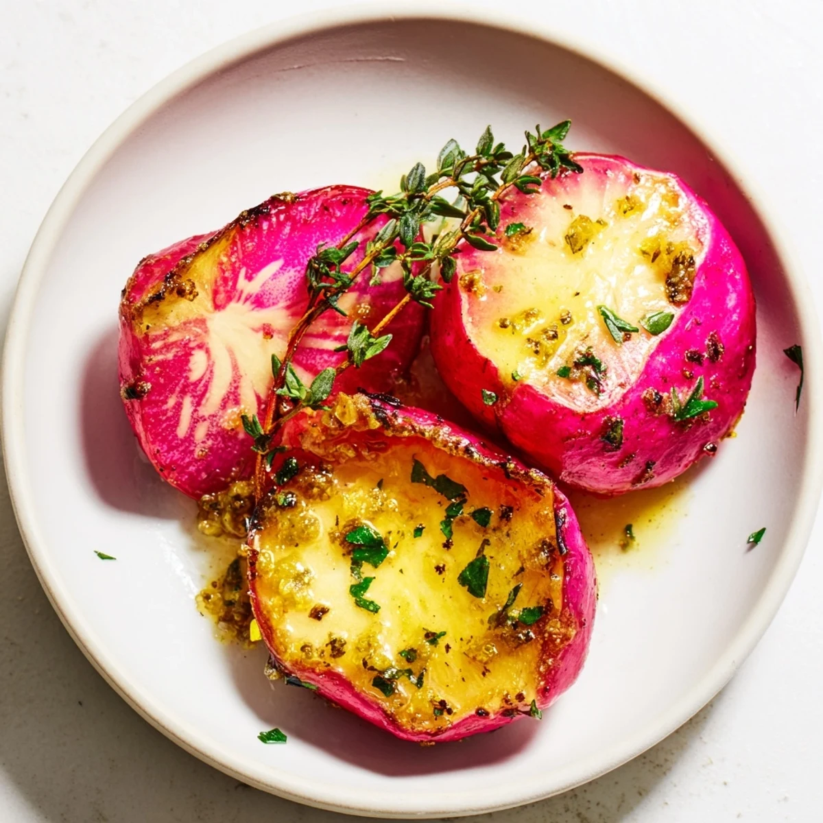 Golden roasted radishes with garlic butter and thyme are glistening on a white plate with fresh parsley garnish.