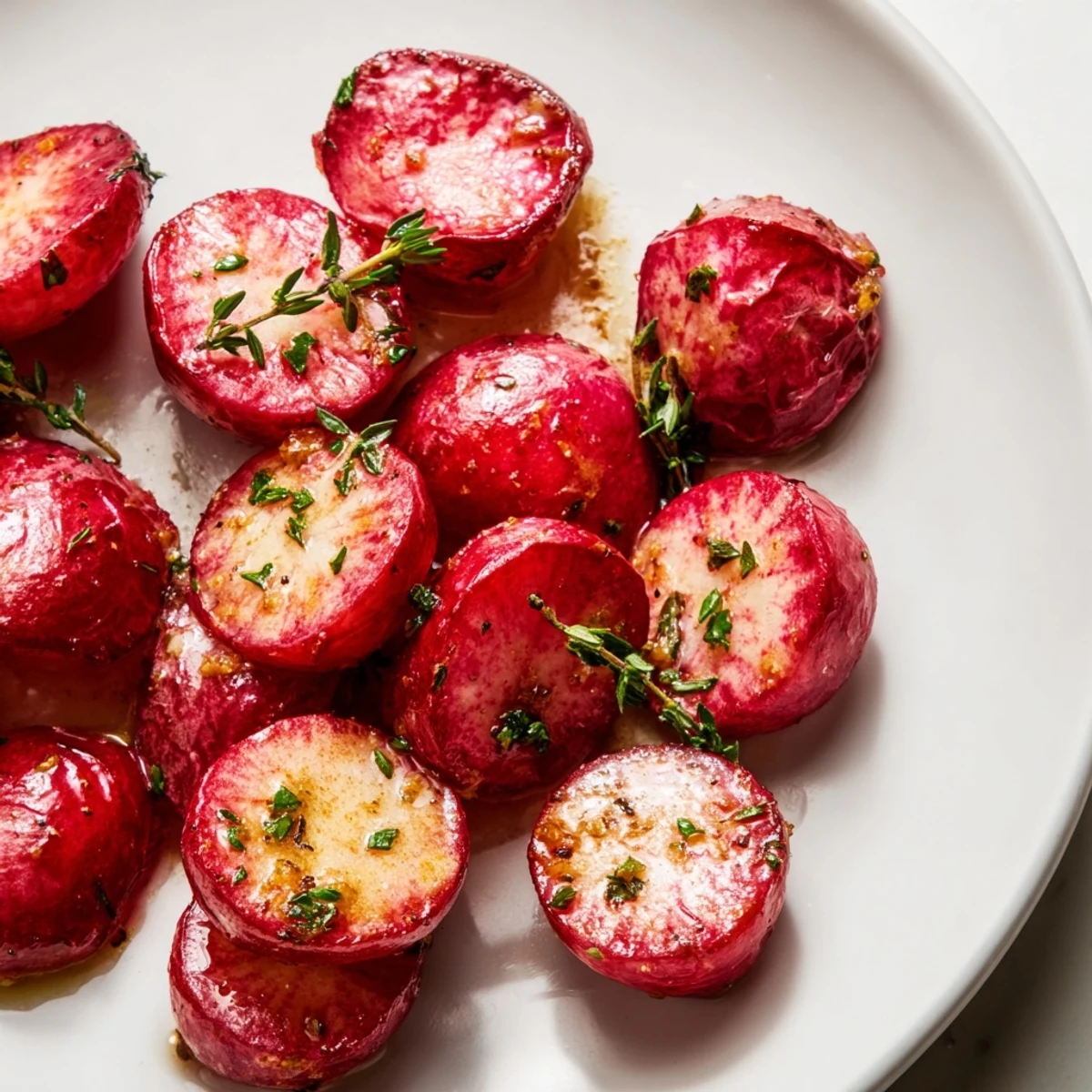 A close-up of tender roasted radishes with garlic butter and thyme on a rustic wooden serving board.